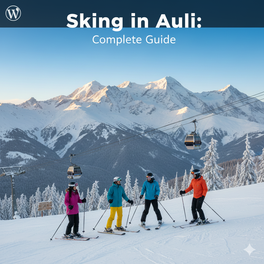 Skiers on snowy slopes in Auli with Himalayan mountain views during peak winter season.