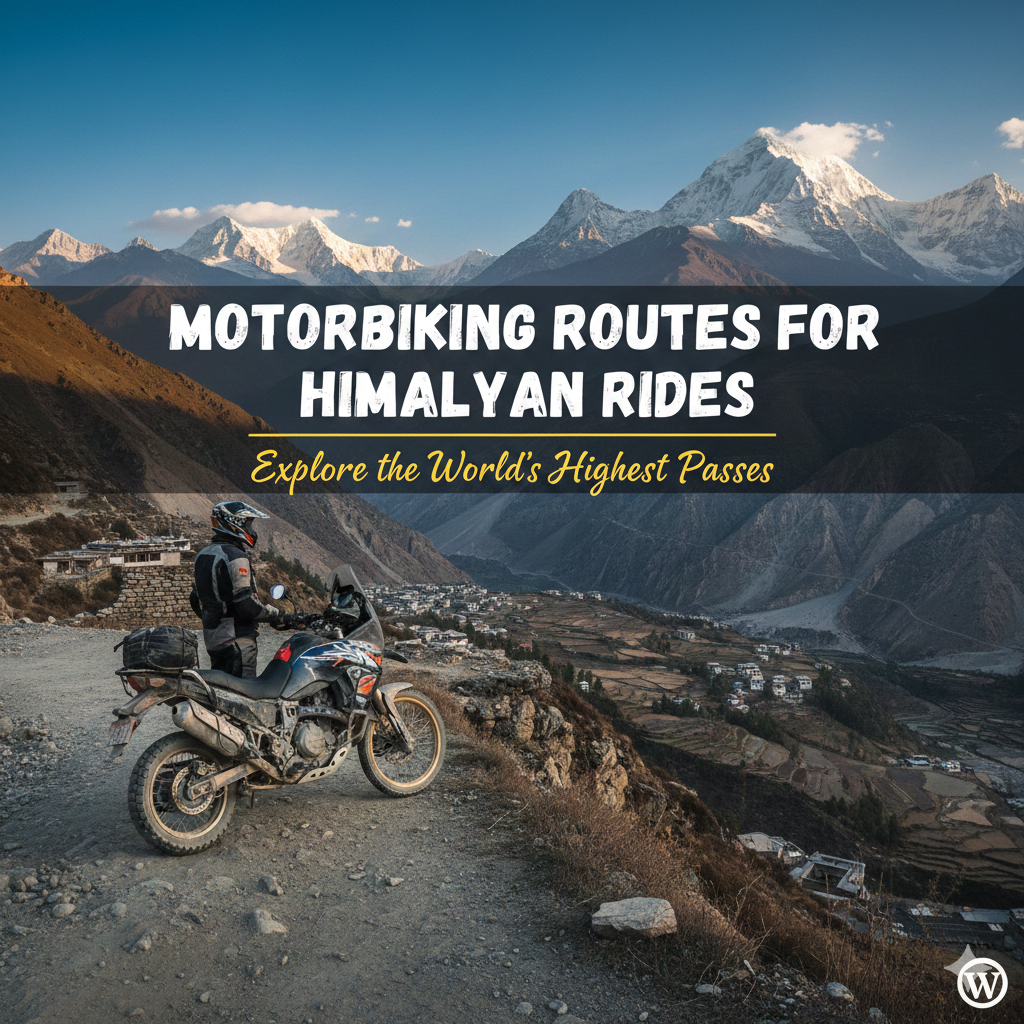 Motorbiking route through the Himalayas with riders on a mountain road