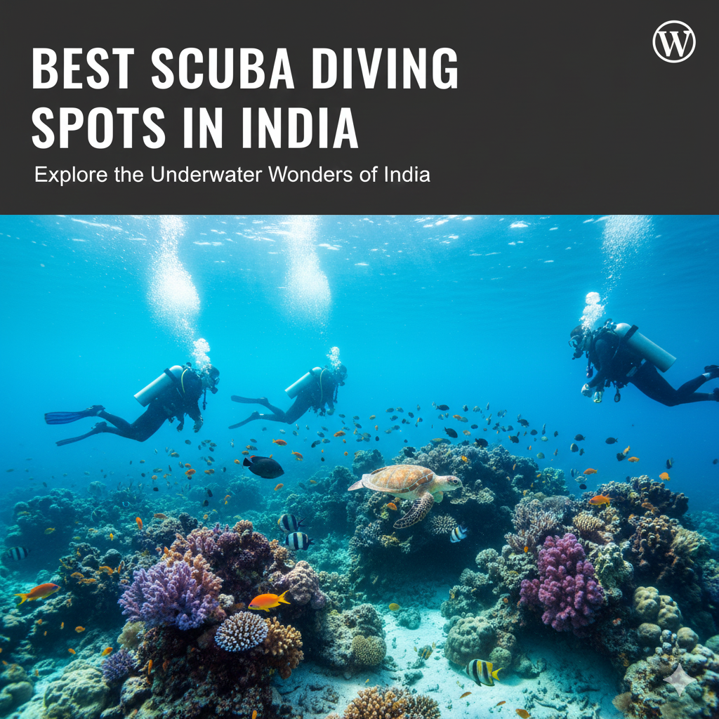 Scuba divers swimming among coral reefs and marine life in India.